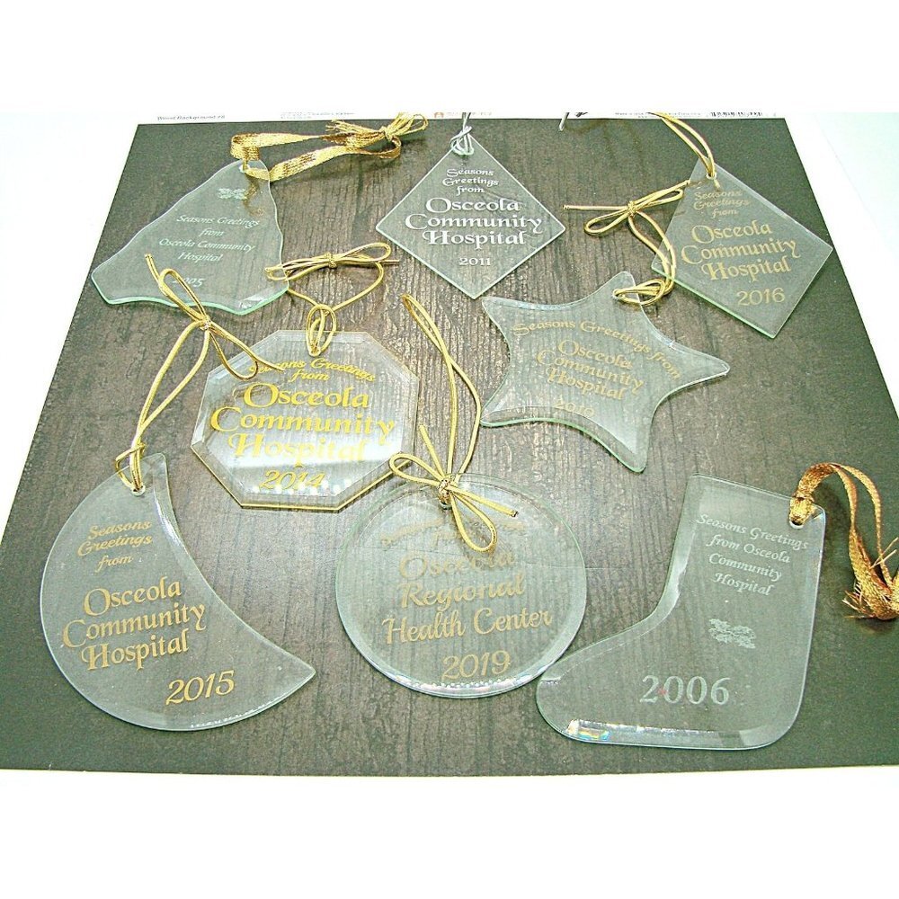 Osceola Community Hospital Mixed Clear Glass Dated Christmas Holiday Ornaments
